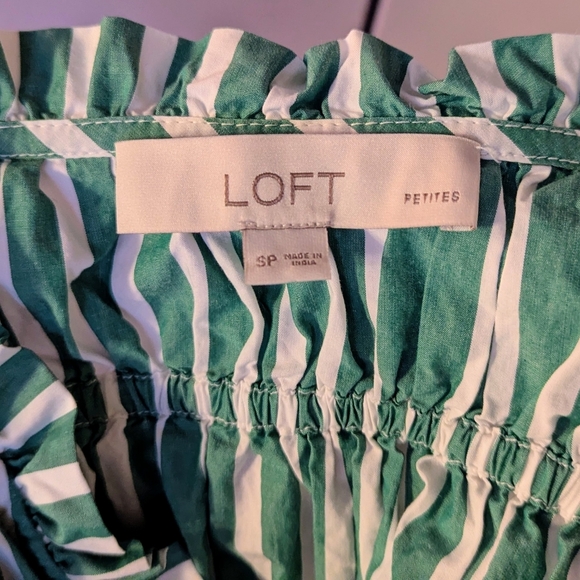 Loft Green And White Striped Cotton Peplum Top With Bow Ties And Ruffles - Picture 7 of 8